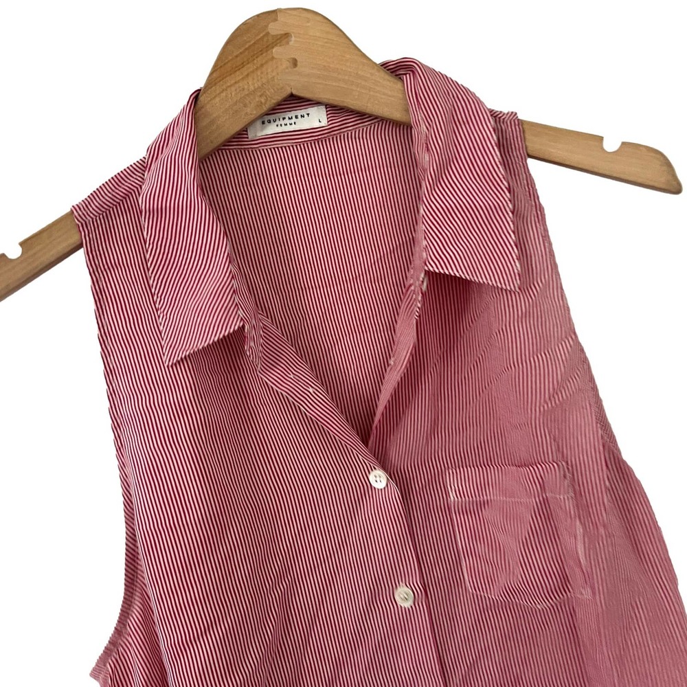 Equipment Femme White & Red Micro Stripe Sleeveless Button Down Blouse Large EUC - Picture 3 of 8